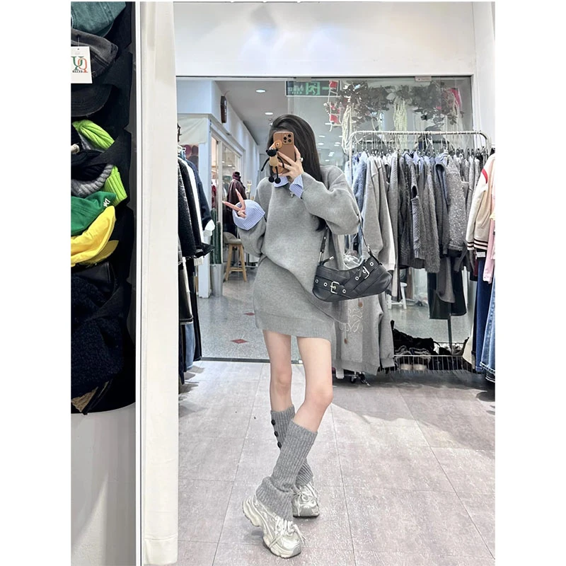 今年流行穿搭韩版慵懒风宽松polo领拼接毛衣高腰显瘦半身裙两件套
