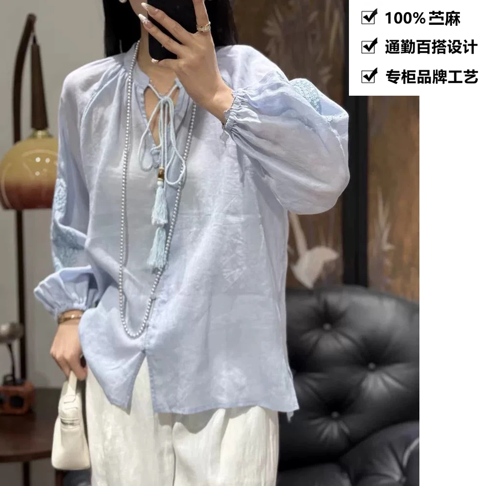 100苎麻法式拼接镂空系绳V领亮片刺绣长袖衬衫上衣ZKF73淡蓝色