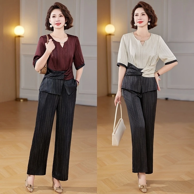 妈妈装夏套装气质中老年女士夏季条纹短袖t恤撞色中年上衣两件套