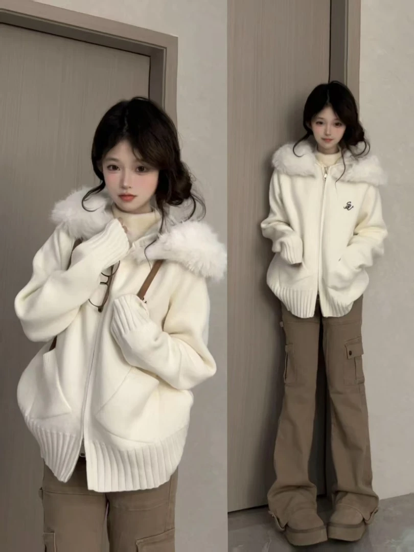 韩系慵懒风毛领连帽毛衣开衫外套女秋冬高级感宽松软糯针织衫上衣