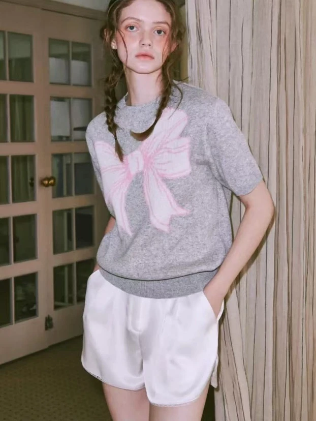 休闲秋季打底毛针织衫圆领蝴蝶结韩版蝴蝶百搭短袖XF-30205