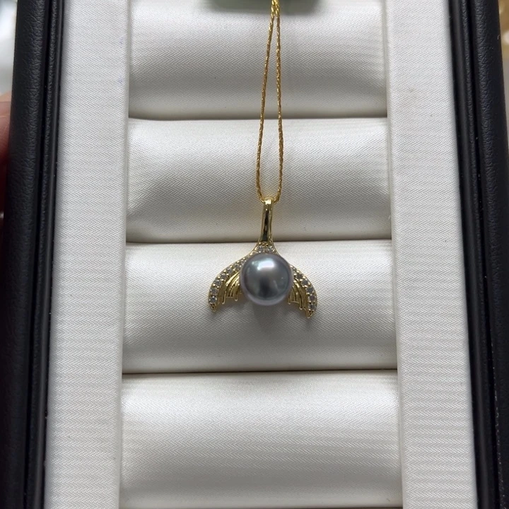 海水珍珠漏大溪地鱼尾吊坠8-9mm银S925镶嵌