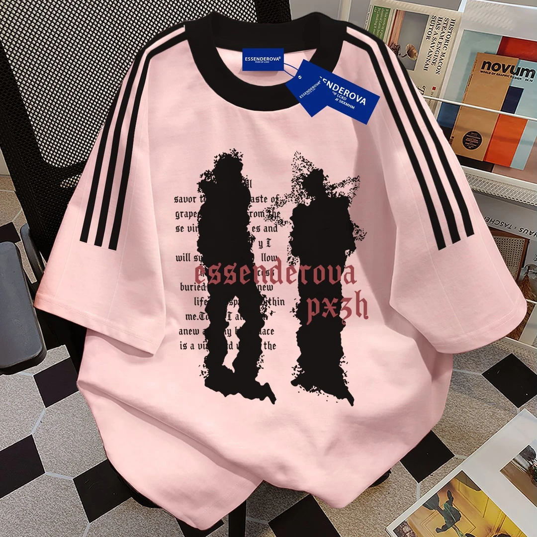 100%纯棉2026新款复古三条杠短袖t恤男女夏季宽松休闲潮流上衣ins