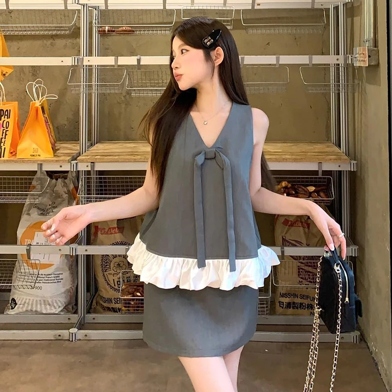 夏季网红爆款套装女2025新款洋气蝴蝶结无袖背心上衣半身裙两件套