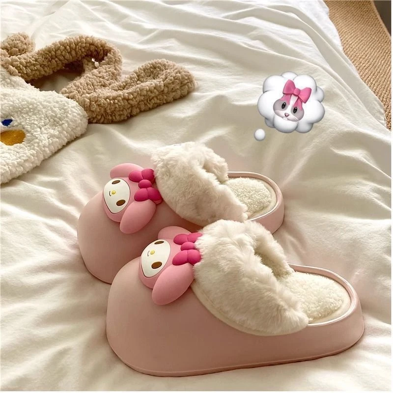 可爱到冒泡~INS卡通美乐蒂厚底棉拖鞋冬季外穿保暖包头毛毛拖女L