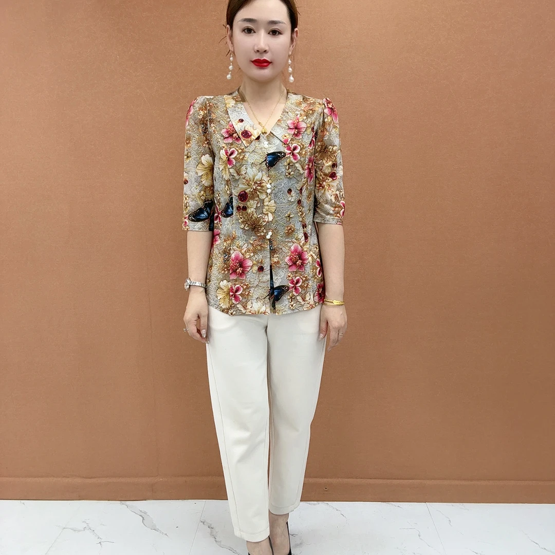 复古国风减龄高贵中老年女装宽松遮肚春夏妈妈装显瘦新款衬衣小衫