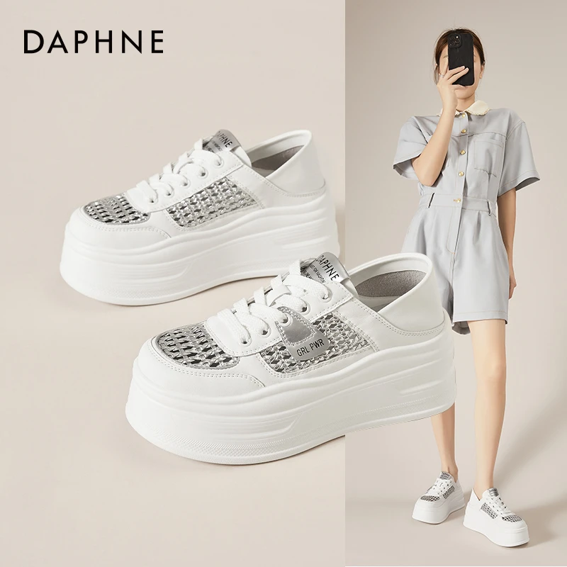 Daphne/达芙妮厚底小白鞋女夏镂空透气休闲运动鞋时尚系带板鞋