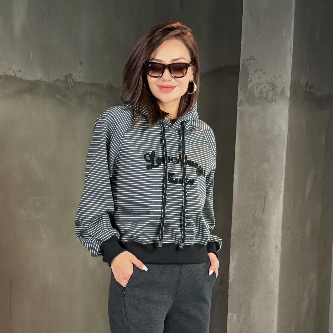 MUBINE 双十二福利款韩系字母刺绣百搭连帽条纹卫衣 25316