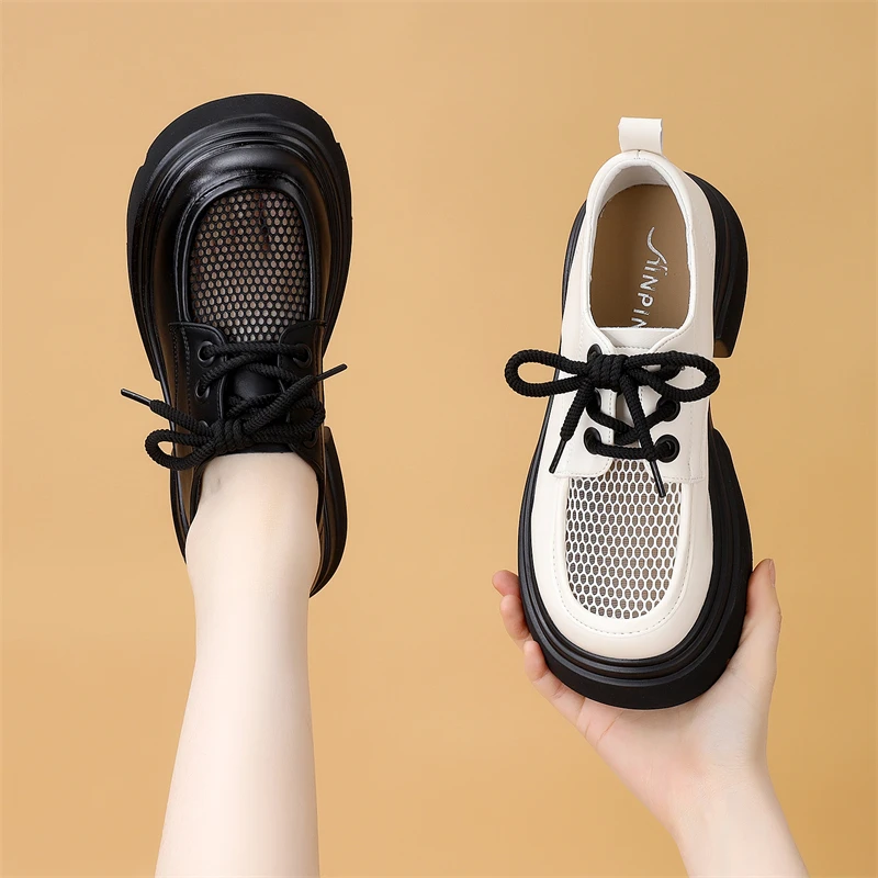 英伦粗跟显脚小网纱单鞋女2025春夏新款镂空薄款舒适小皮鞋小码34