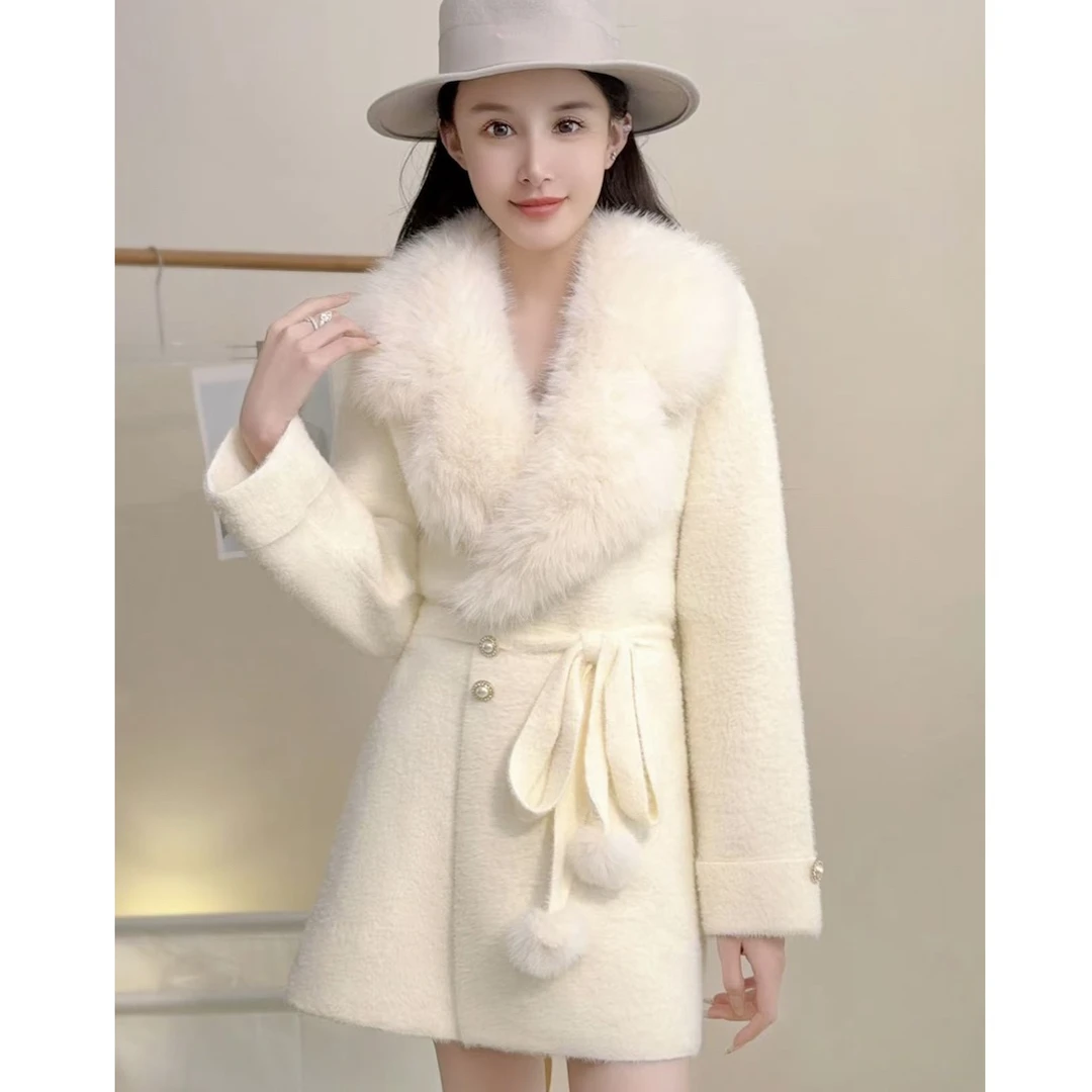 妍-豪门千金秋冬名媛贵气质大毛领收腰环保毛仿貂绒皮草大衣女