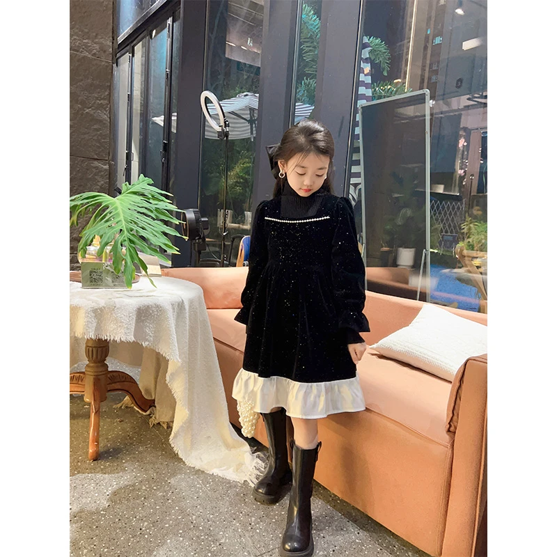 女童连衣裙加绒丝绒赫本风气质亮片网纱拼接黑色长裙23818#