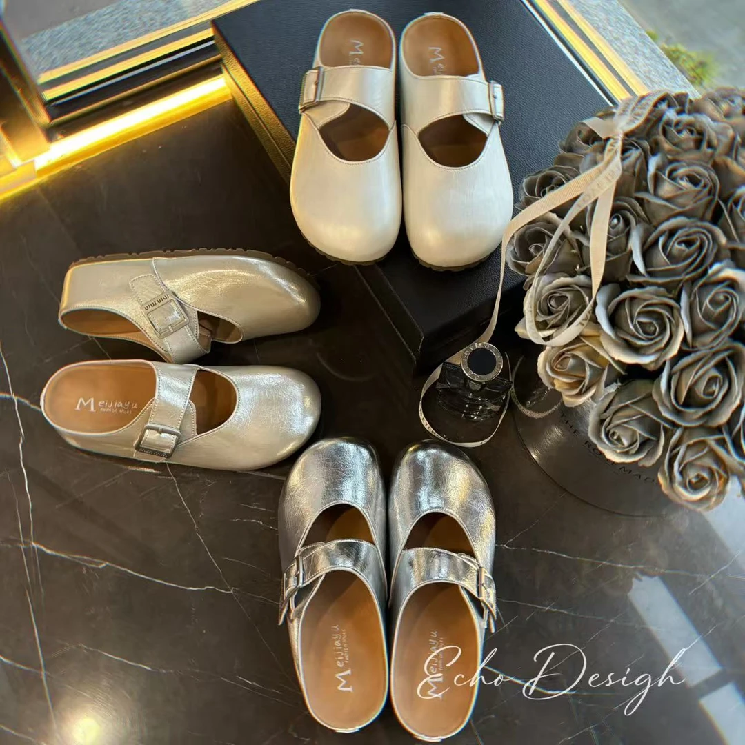 【ECHO】特!‘法式单搭扣玛丽珍一脚蹬’半包内增高皮面拖鞋欧若风女