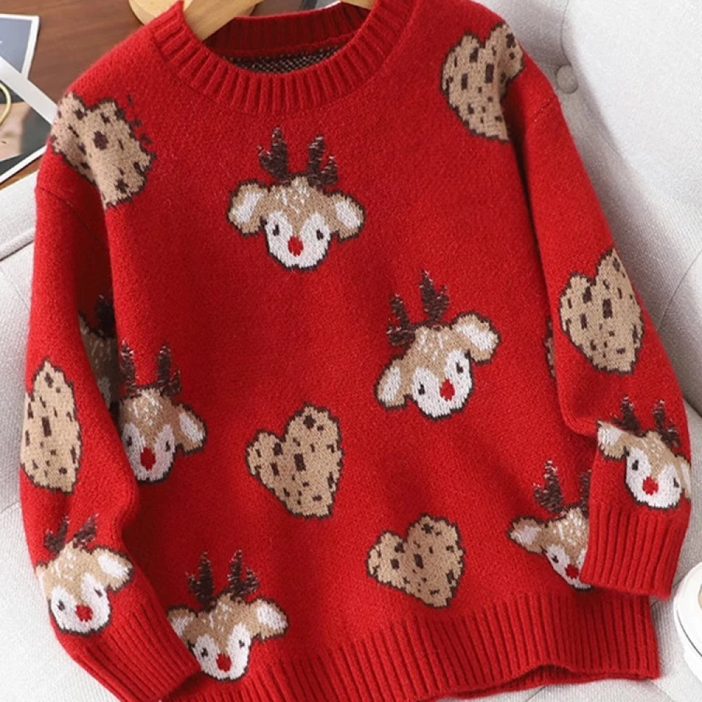 女童毛衣秋冬加厚中大童新年洋气休闲炸街儿童针织打底衫红色圣诞