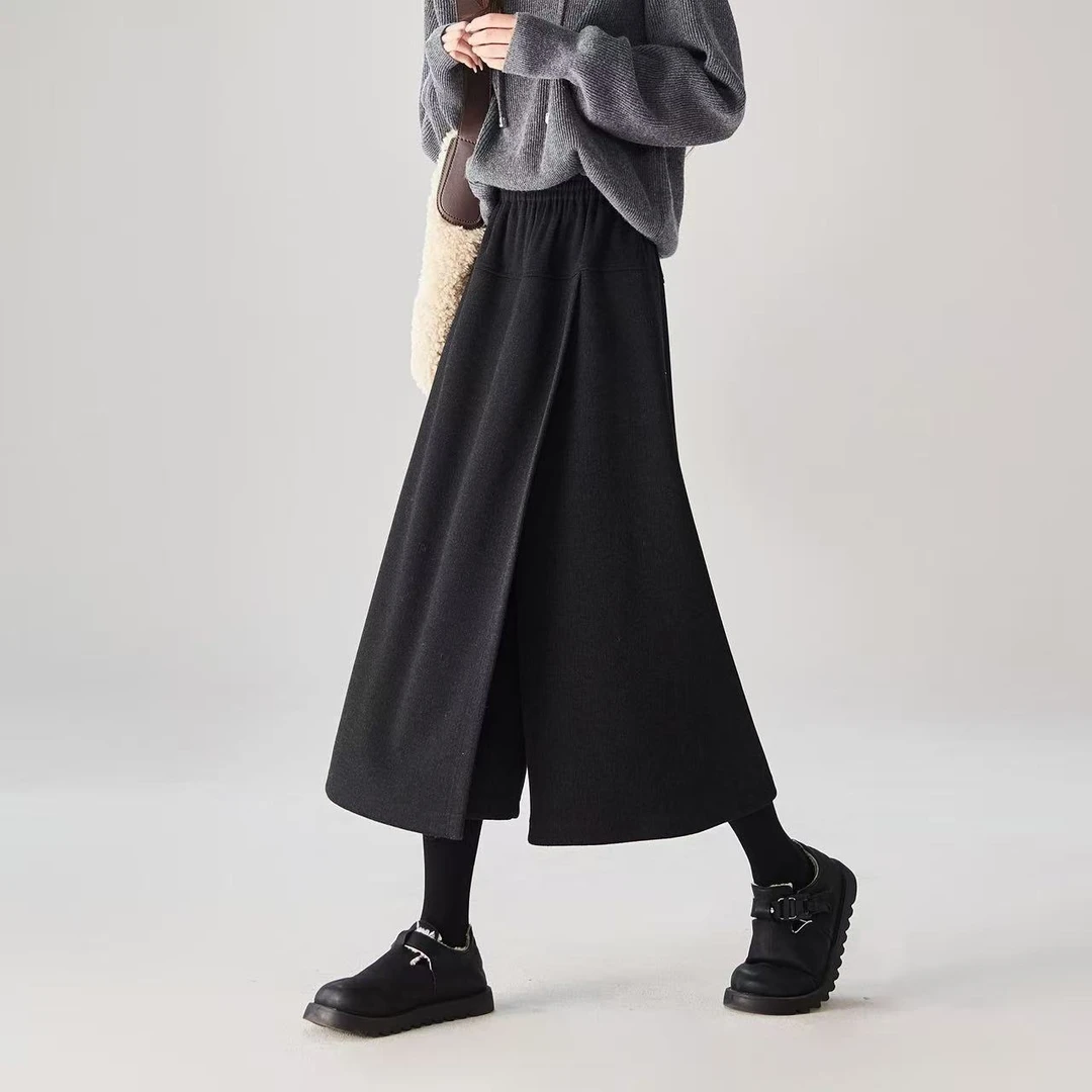 羊毛呢A字裙2025冬季新款时尚百搭显瘦加厚保暖开叉胖mm裙裤女