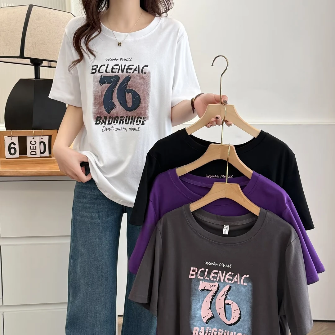 大码胖mm短袖正肩T恤女高级感夏印花圆领套头体恤2512