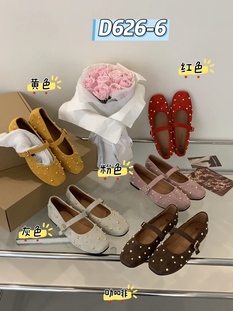 D626-6铆钉款绒面时尚百搭复古方头浅口软底