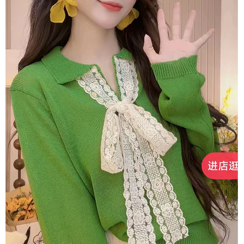 蕾丝蝴蝶结蕾丝毛衣女2025外穿秋季慵懒风宽松显瘦羊毛针织衫上衣