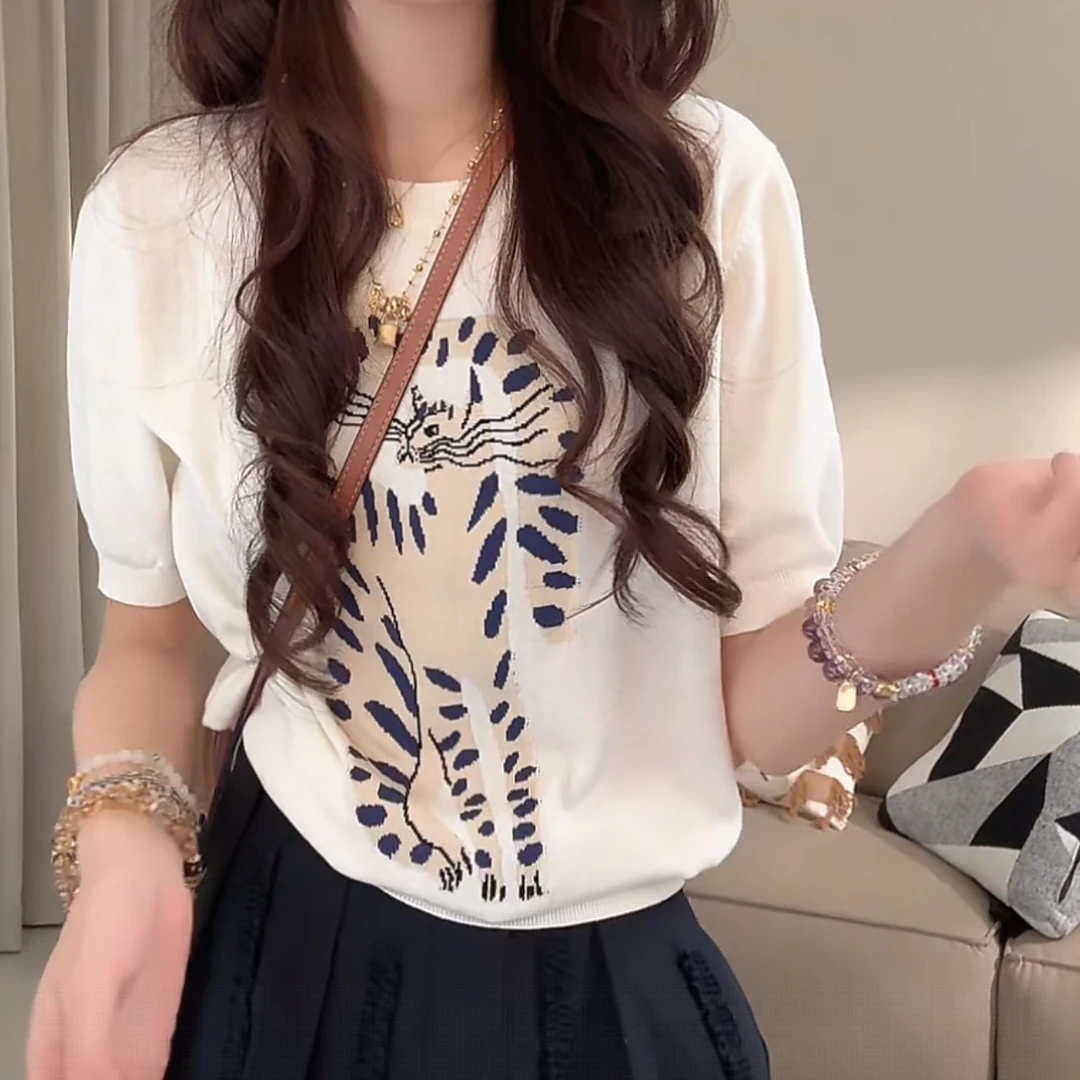 设计感重工时尚圆领百搭短袖针织衫女2025夏季新款气质通勤上衣