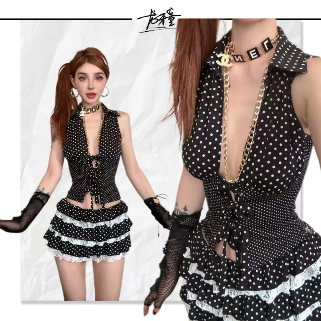 龙牙童推荐【西西里波点】显瘦性感出游套装女夏季镂空欧美修身收腰