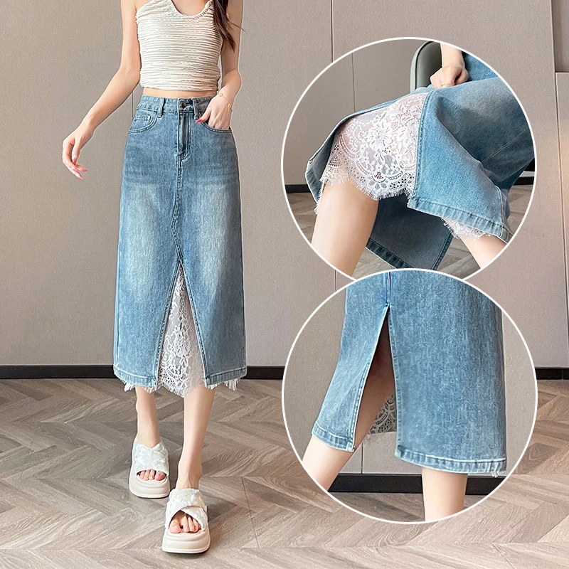 蕾丝花边开叉牛仔半身裙女士2025夏薄修身丰胯提臀个性辣妹半裙子