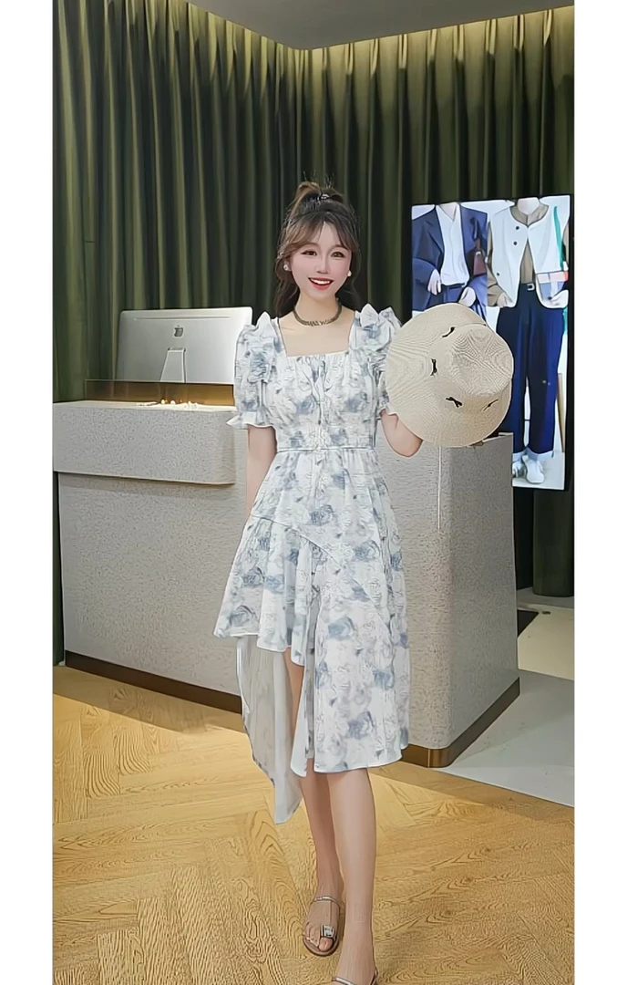 【玉兰初雪】法式木耳边不规则下摆碎花夏季收腰显瘦洋气连衣裙