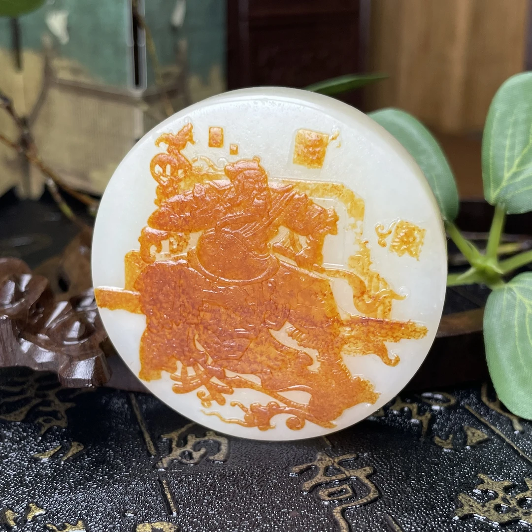 新疆和田玉关公吊坠玛丽艳红皮挂件独籽手工港展收藏