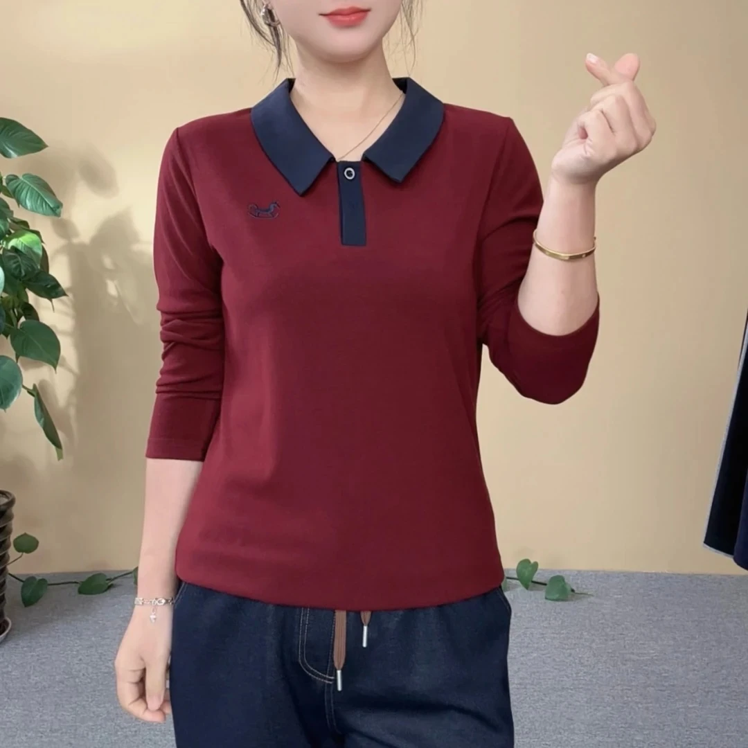 秋季妈妈装减龄长袖衬衫2025新款宽松翻领大码T恤女装打底衫