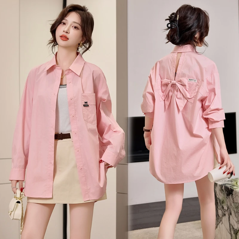 街拍设计感宽松镂空蝴蝶结春夏出游衬衣女纯棉白衬衫休闲百搭上衣