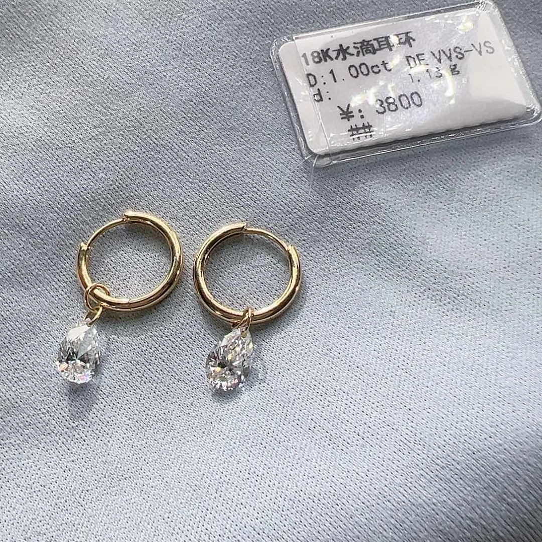 套链实验室培育钻石18K金镶嵌单颗50分，水滴耳环k黄