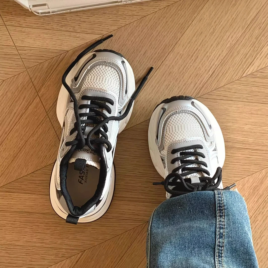 新百伦银色厚底老爹鞋女2025春季新款增高透气休闲运动鞋露思同款