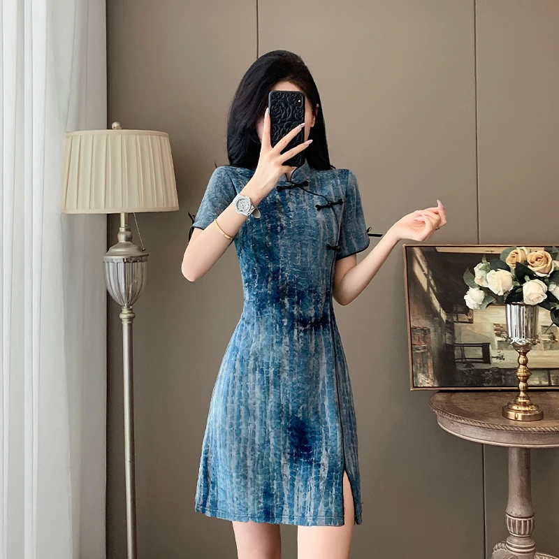 新中式国风开叉气质连衣裙女夏季新款女装收腰显瘦小个子旗袍裙子