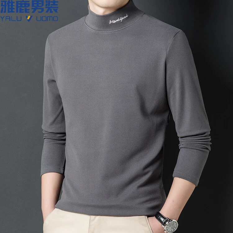 雅鹿男装新款秋冬季半高领长袖双面德绒保暖休闲内搭T恤时尚上衣