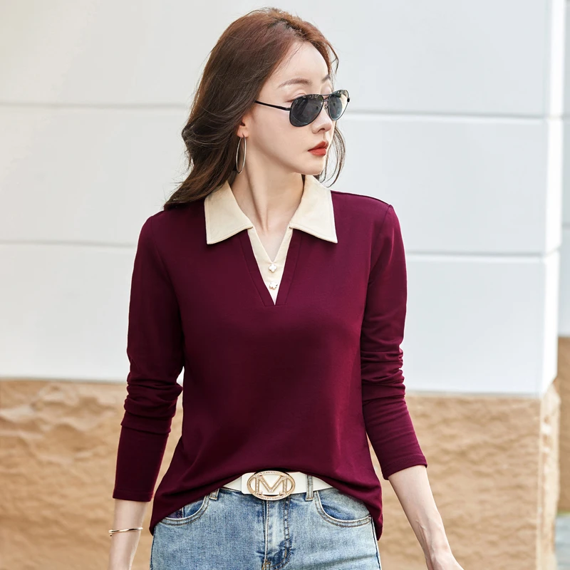 翻领长袖T恤女秋季新款气质撞色显瘦假两件内搭百搭上衣冬打底衫