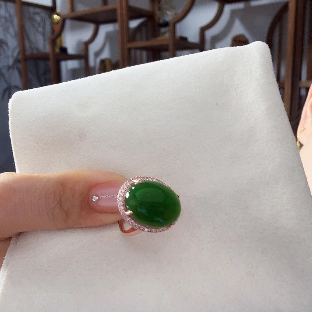 银S925镶嵌戒指和田玉（碧玉）༺****?