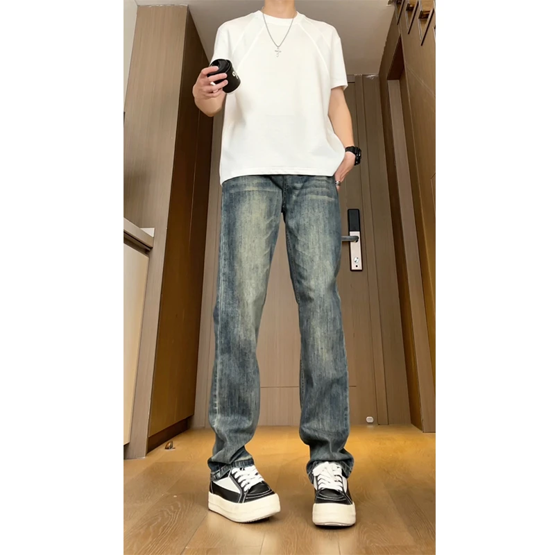 秋冬新款蓝水洗弹力牛仔裤男士男生宽松直筒简约百搭潮流长裤裤子