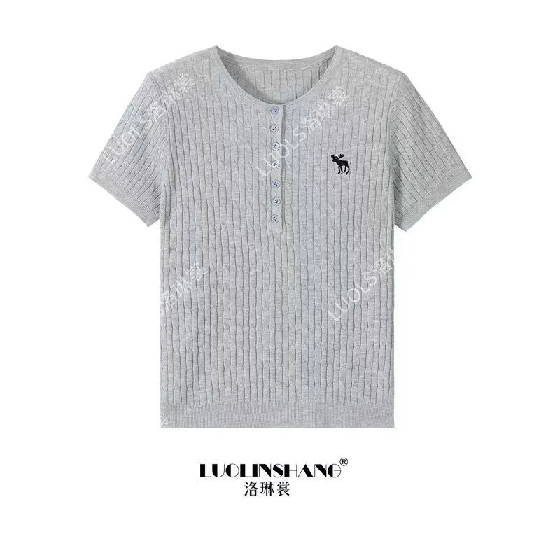 【年年专属】法式半开领小鹿刺绣运动针织冰丝短袖独特夏季上衣女