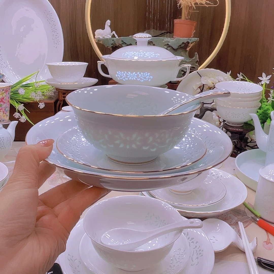 瓷景德镇餐具玲珑瓷青套装