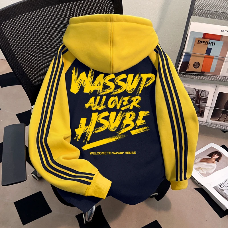 WASSUP HSUBE美式撞色连帽男士卫衣2025新款加绒潮酷宽松套头上衣