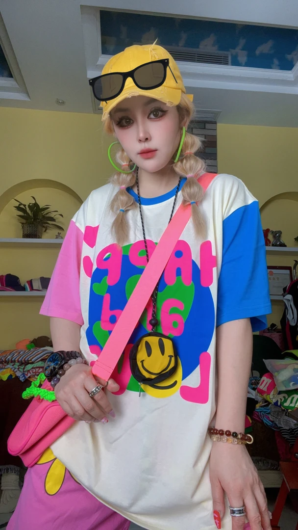 夏季棉拼接袖happy字母潮流短袖T恤