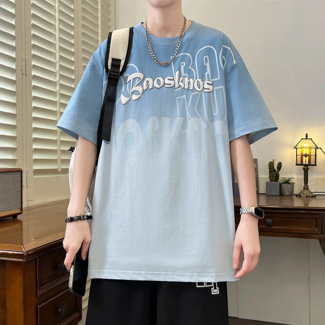 2025夏季新款渐变男士短袖T恤港风时尚潮流学院风百搭青少年学生