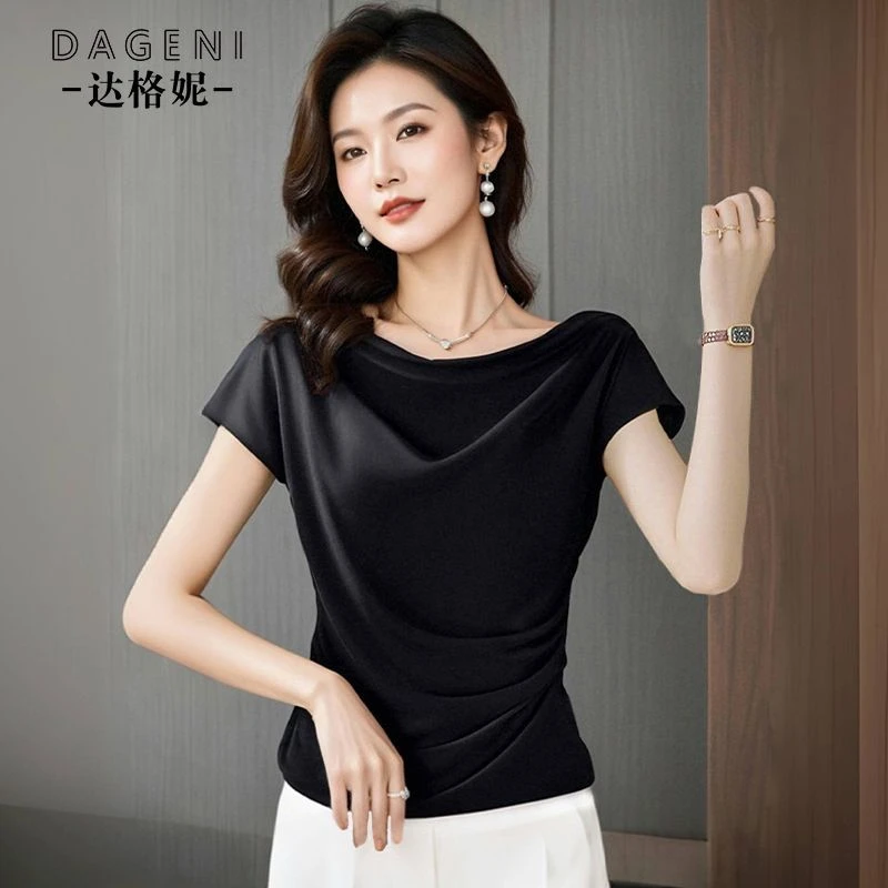 法式堆堆领缎面短袖T恤女士2025夏季新款高级感仿真丝一字领小衫