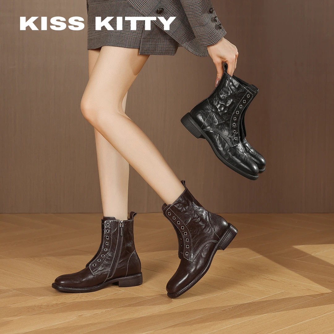Kiss Kitty加绒保暖马丁靴女款真皮2025爆款网红短筒时装短靴女