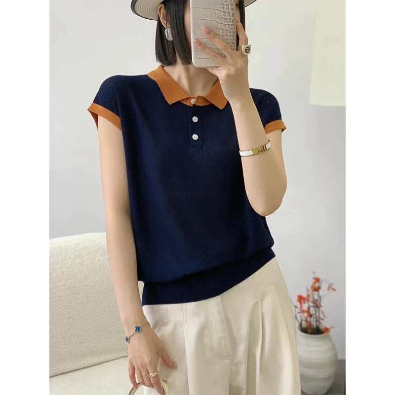 黑色Polo领短袖女夏季新款撞色小众设计感时尚百搭简约上衣潮