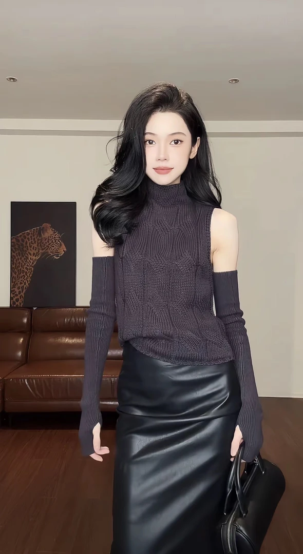 ZOUYASHIFA 带袖套时髦高领性感修身针织打底衫 YSA89213