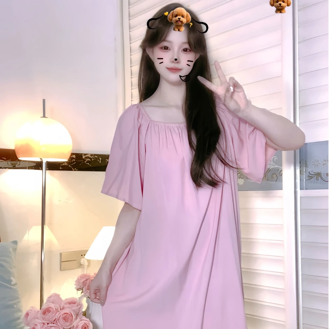 2025夏季新款莫兰迪色睡裙女棉绸宽松甜美冰凉感透气过膝居家长裙