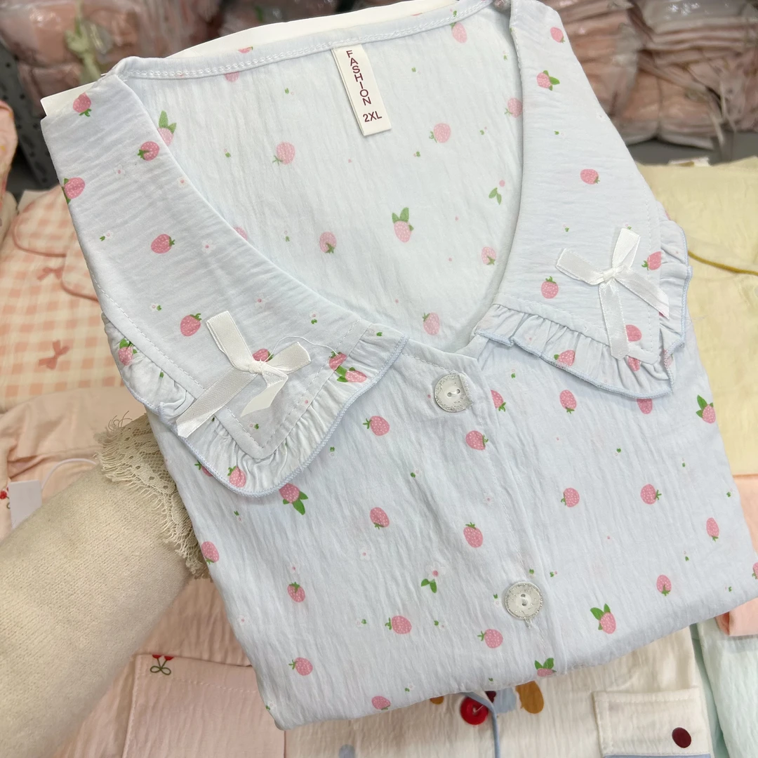 2025新品蓝色小草莓春秋季甜美少女长袖长裤睡衣家居服套装