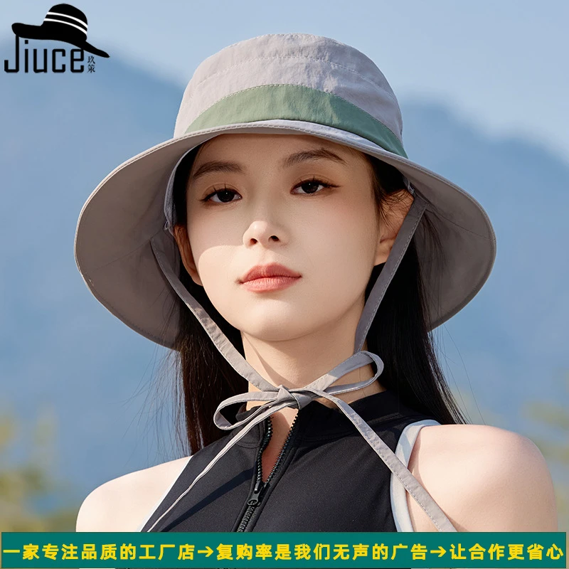 玖策渔夫帽设计师款简约拼色系绳防晒帽女户外休闲减龄学生遮阳帽