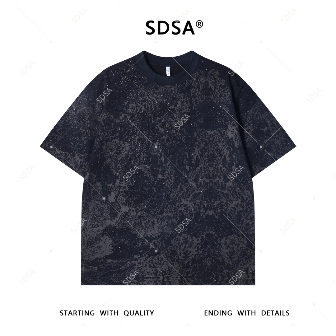 夏季高级感新款男士美式满天星撞色印花短袖T恤圆领潮流百搭上衣