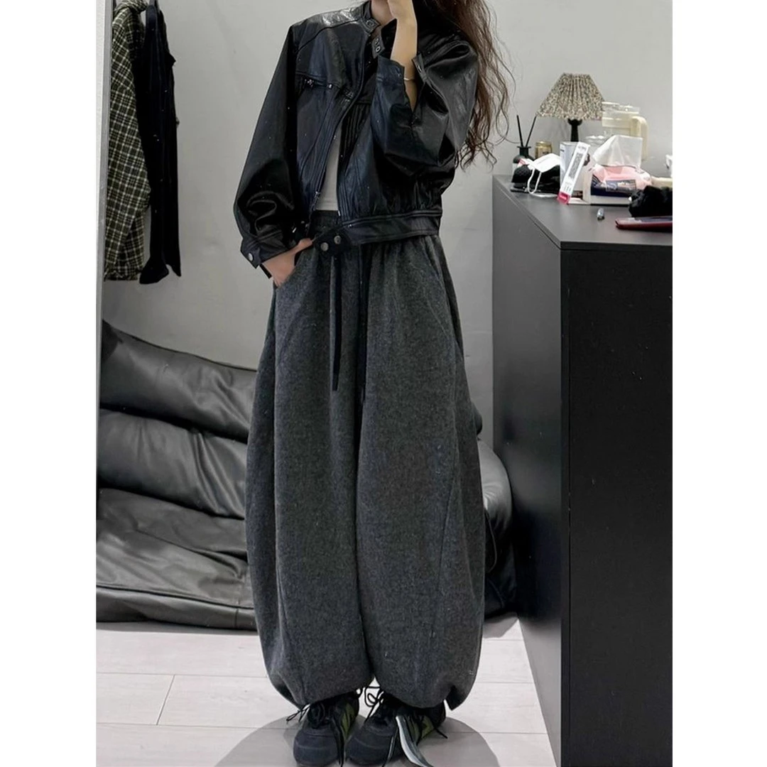 灰色毛呢卫裤女款爆款2025新款梨形身材小个子高腰显瘦束脚休闲裤