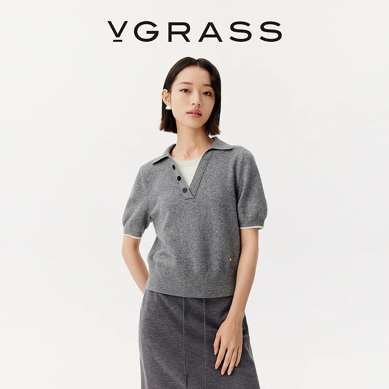 【WISH系列】VGRASS25早秋新款精调比例羊毛混纺假两件polo衫针织